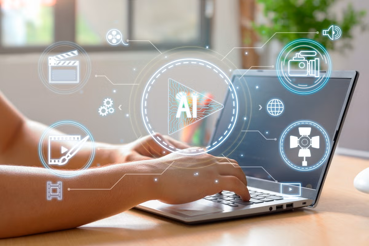 hands on a keyboard with text overlay "AI"