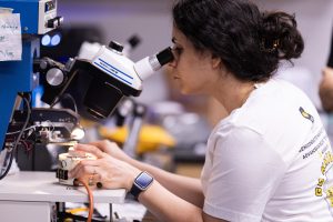 person looking through microscope
