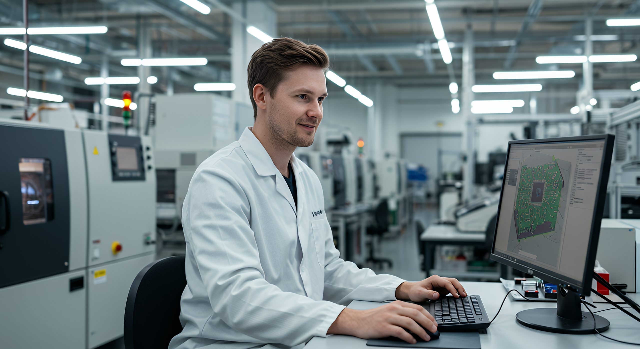 man in lab coat at computer